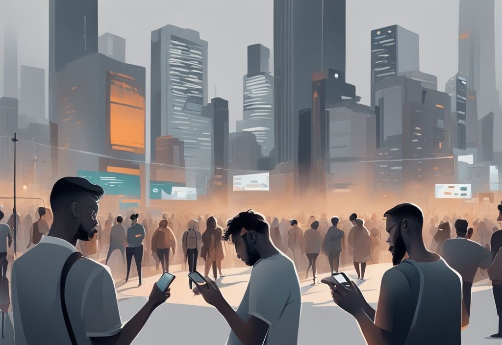 Moderne digitale Illustration einer geschäftigen Stadtlandschaft im Hintergrund, während im Vordergrund eine vielfältige Gruppe von Menschen in ihre Smartphones vertieft ist, was den Begriff ambulanter Handel symbolisiert.