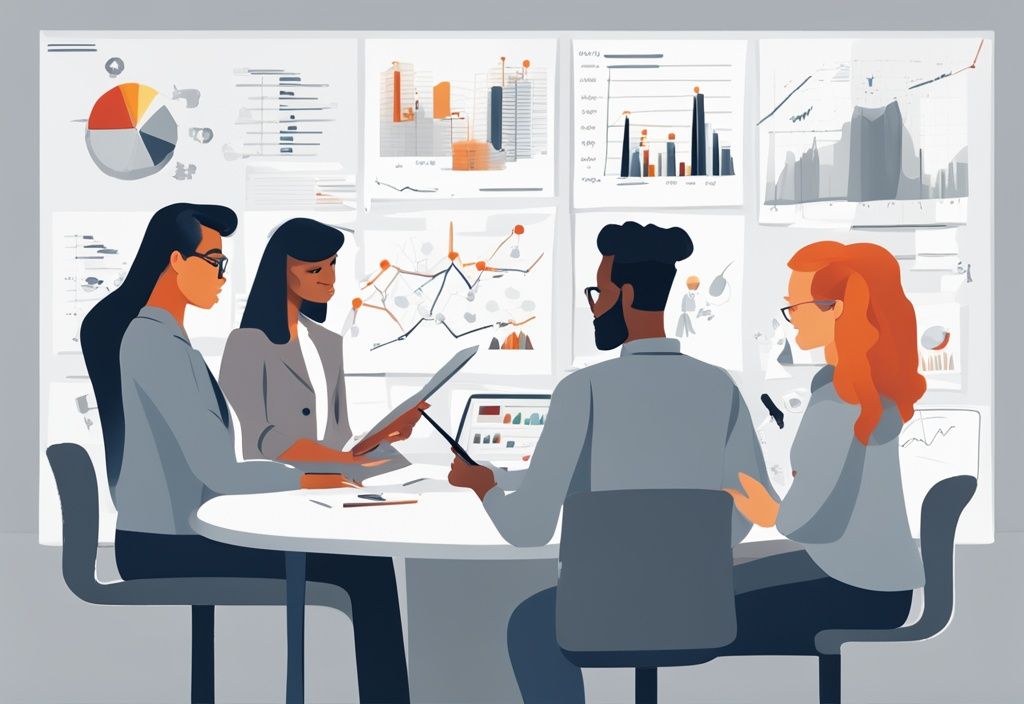 Moderne digitale Illustration einer Brainstorming-Sitzung mit diversen Fachleuten, die sich mit dem Thema "Activity-Based Costing" beschäftigen; Diagramme und Grafiken auf einem Whiteboard sichtbar.