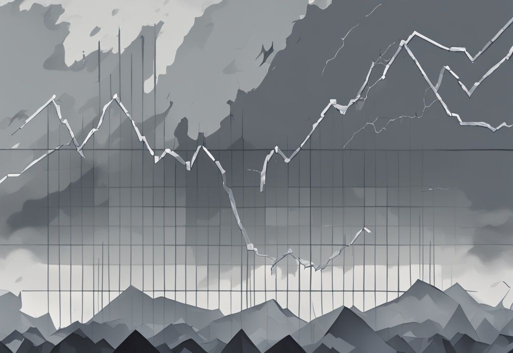 Moderne digitale Malerei mit grauem Farbschema, ein zerbrochener und bröckelnder Graph stürzt ab vor einem düsteren, stürmischen Himmel, symbolisiert Marktversagen Definition.