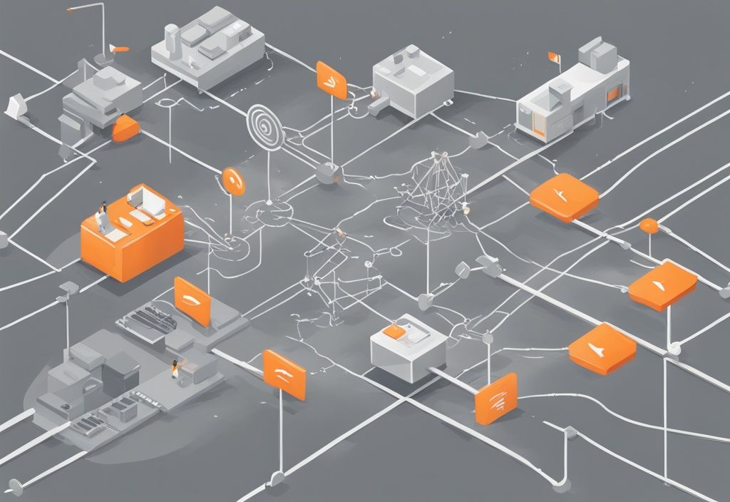 Moderne digitale Malerei mit grauem Farbschema, die ein Netzwerk von verbundenen Pfeilen darstellt, die verschiedene Distributionskanäle von einer Fabrik zu verschiedenen Einzelhandelsgeschäften symbolisieren.