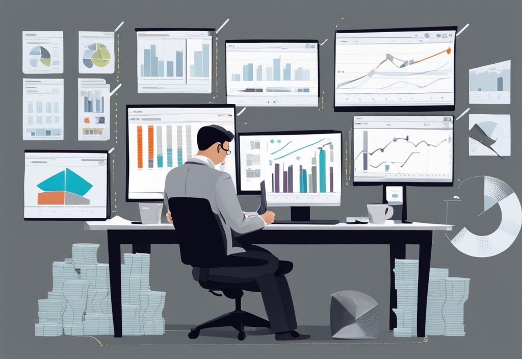 Moderner digitaler Gemälde-Illustration eines Finanzanalysten am Schreibtisch, umgeben von Diagrammen und Grafiken zur Darstellung des Cashflows, mit hervorgehobenen Bereich zur Liquiditätsplanung, Hauptfarbe Grau.