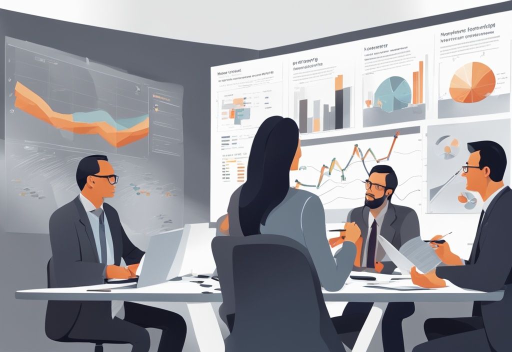 Moderne digitale Illustration eines strategischen Meetings von Fachleuten mit BWL Beschaffung-Diagrammen und -Grafiken auf einem großen Bildschirm, Hauptfarbthema grau.