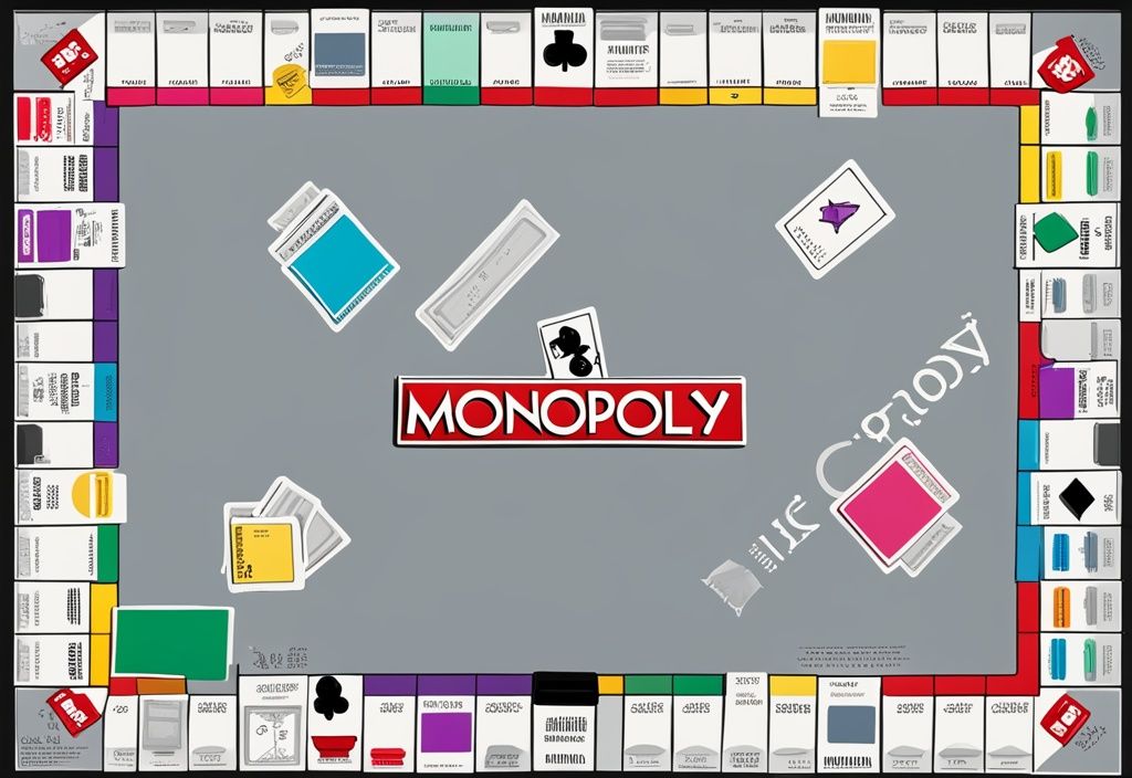 Moderne digitale Malerei-Illustration eines klassischen Monopoly-Spiels mit grauem Farbschema, bunten Grundstückskarten, Häusern, Hotels und Spielfiguren, die ein Monopol Beispiel im Spiel darstellen.