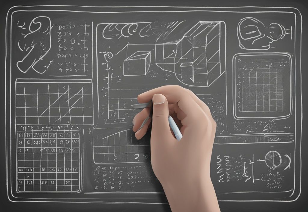 Moderne digitale Illustration, graues Farbschema, Tafel mit Divisionen, Hand mit Kreide beim Rechnen