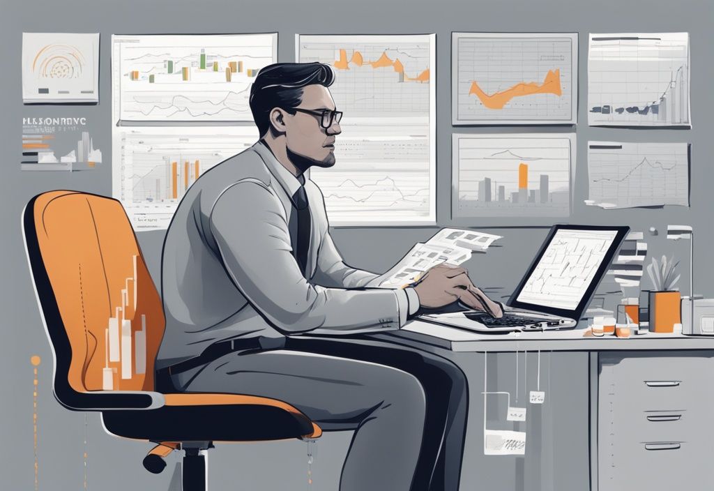 Finanzanalyst am Schreibtisch mit Diagrammen und Grafiken zur Cashflow-Analyse und hervorgehobener Liquiditätsplanung, moderne digitale Illustration in Grautönen