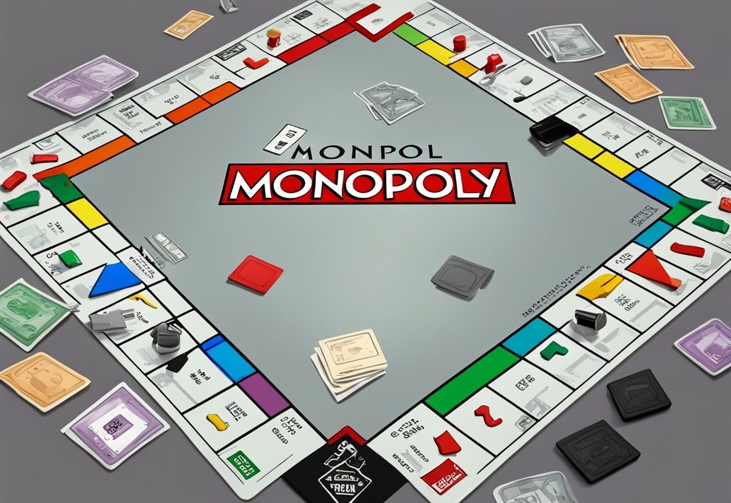 Moderne digitale Illustration eines Monopoly-Spiels mit grauem Farbthema, bunten Grundstückskarten, Häusern, Hotels und Spielfiguren, die ein Monopol Beispiel darstellen.