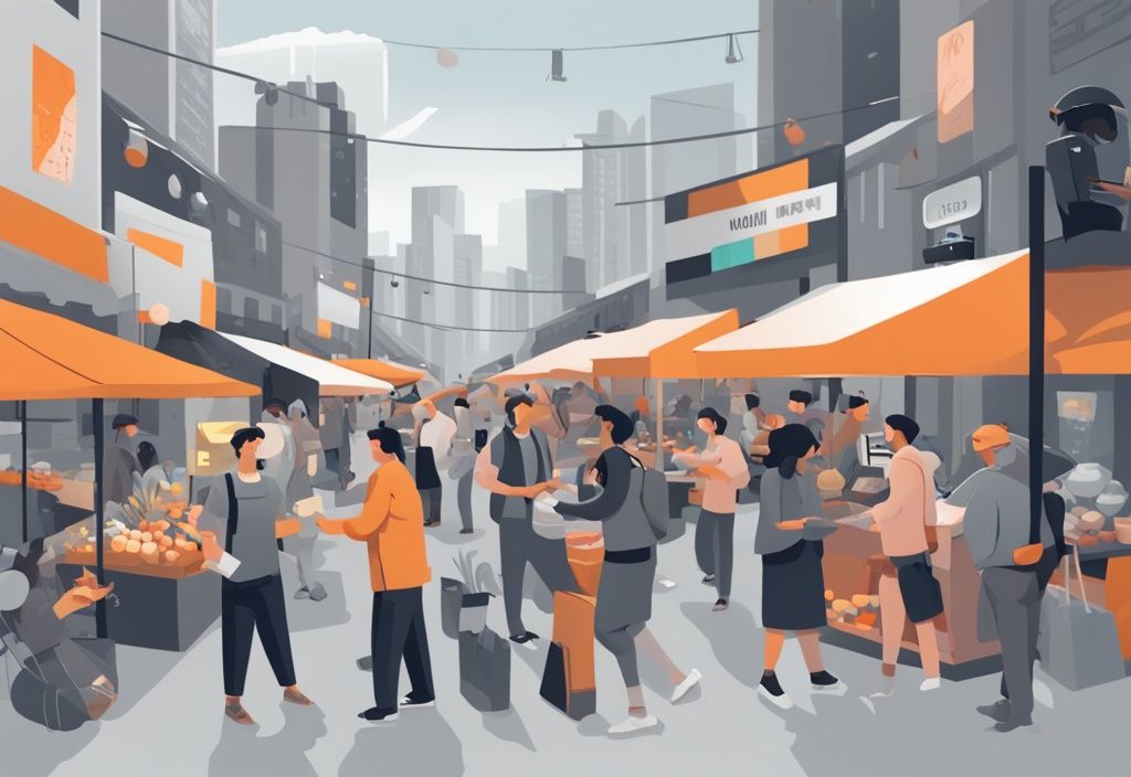 Moderne digitale Malerei, die einen geschäftigen digitalen Marktplatz mit vielfältigen Individuen zeigt, die Waren und Dienstleistungen austauschen, und die plattformökonomie symbolisiert.