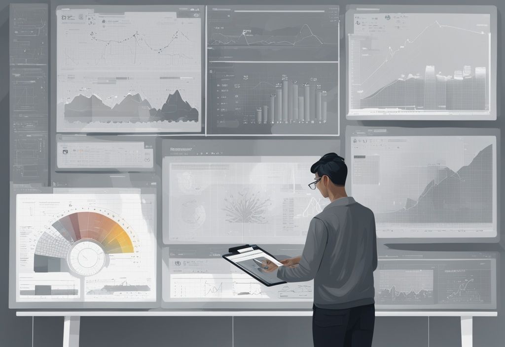 Moderne digitale Illustration eines Menschen, der an einem großen, transparenten Bildschirm mit Diagrammen, Grafiken und Zahlen arbeitet, symbolisiert den Prozess der Bedarfsrechnung.