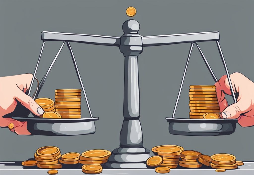 Moderne digitale Illustration in Grautönen: Hände halten eine Waage, eine Seite zeigt Münzen mit der Beschriftung "Preliminary Costing", die andere Seite zeigt Münzen mit der Beschriftung "Final Costing" - vor und nachkalkulation.