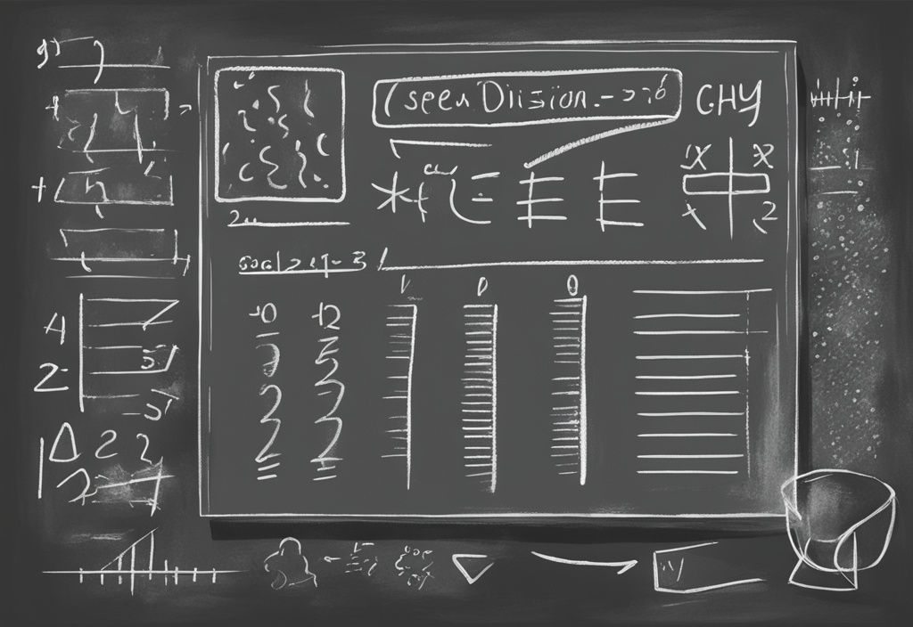 Moderne digitale Malerei mit grauem Farbschema, eine Tafel zeigt eine detaillierte Schritt-für-Schritt-Divisionskalkulation, mit Kreidestaub und einem Radiergummi daneben.