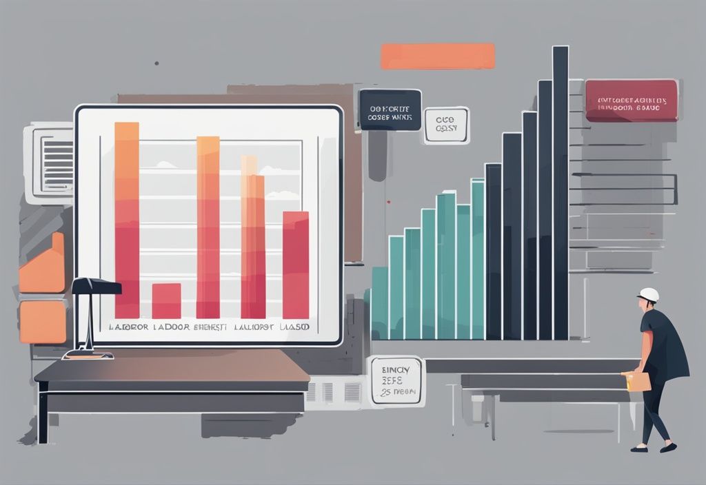 Moderne digitale Malerei mit einem Balkendiagramm, das die steigenden Fehlmengenkosten bei Arbeits-, Material- und Energiemangel zeigt.