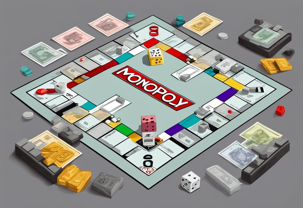 Moderne digitale Illustration eines Monopoly-Brettspiels in Grautönen mit zwei Spielern, die alle Grundstücke kontrollieren, was ein zweiseitiges Monopol-Szenario darstellt.