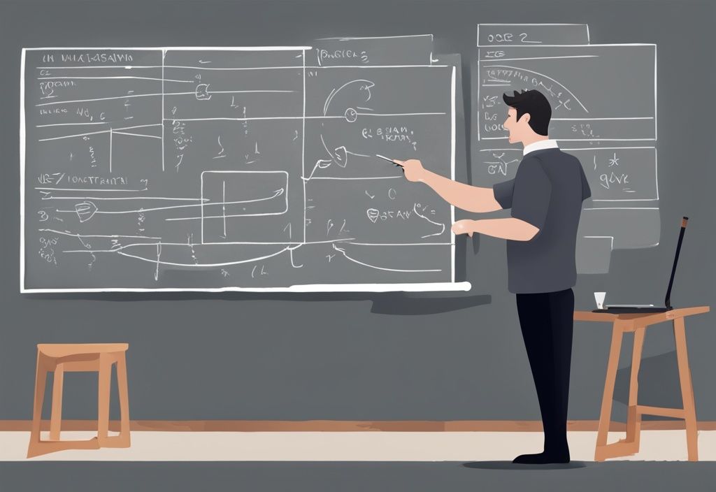 Lehrer erklärt terms of trade einfach erklärt mit Diagrammen auf einer Tafel, moderne digitale Illustration in Grautönen