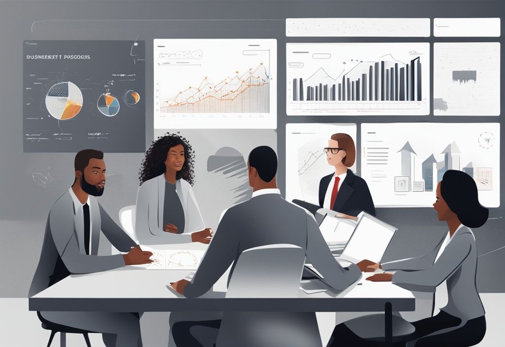 Moderne digitale Illustration mit grauem Farbthema: Diverse Fachleute bei einer strategischen Besprechung, großer Bildschirm zeigt Diagramme und Grafiken zu Beschaffungsstrategien.