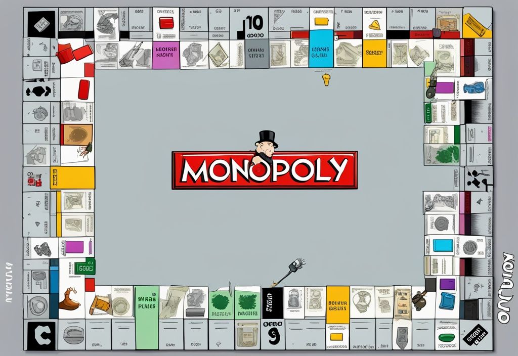 Moderne digitale Malerei eines klassischen Monopoly-Brettspiels mit grauem Farbschema, das ein Monopol eines Spielers zeigt.