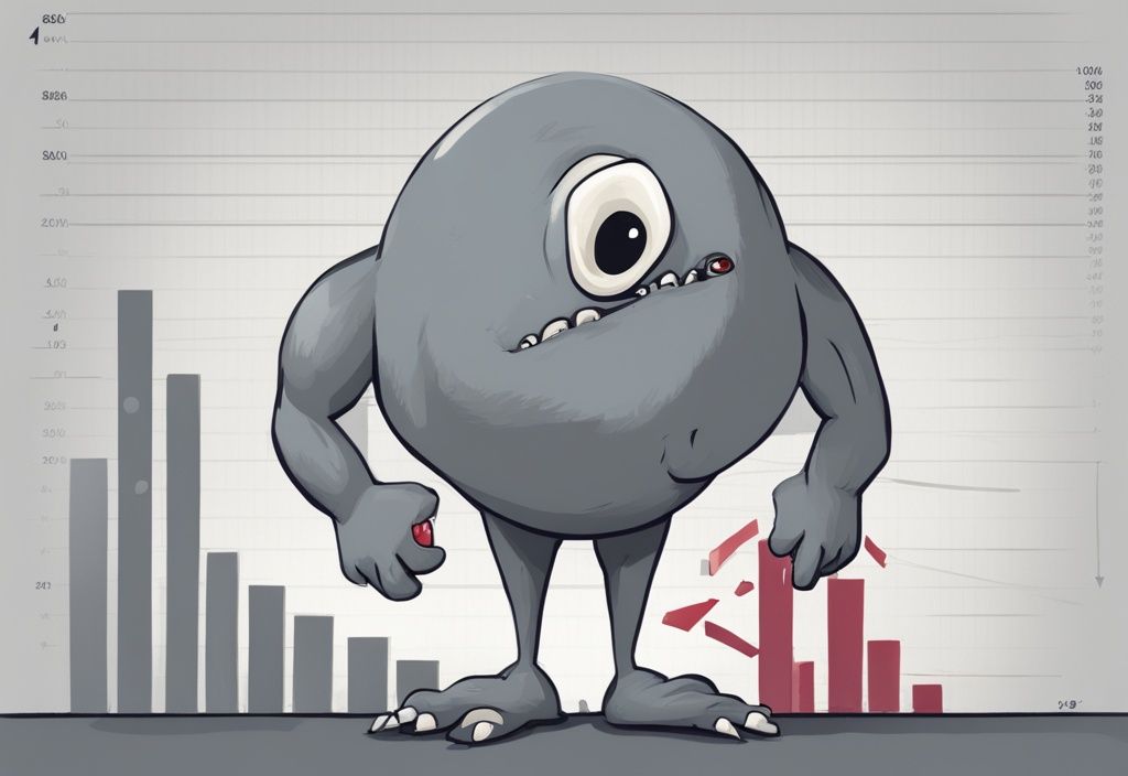 Moderne digitale Illustration eines anthropomorphen Inflationsmonsters, das langsam einen Wirtschaftsgrafen erklimmt, graues Farbschema, schleichende Inflation symbolisierend