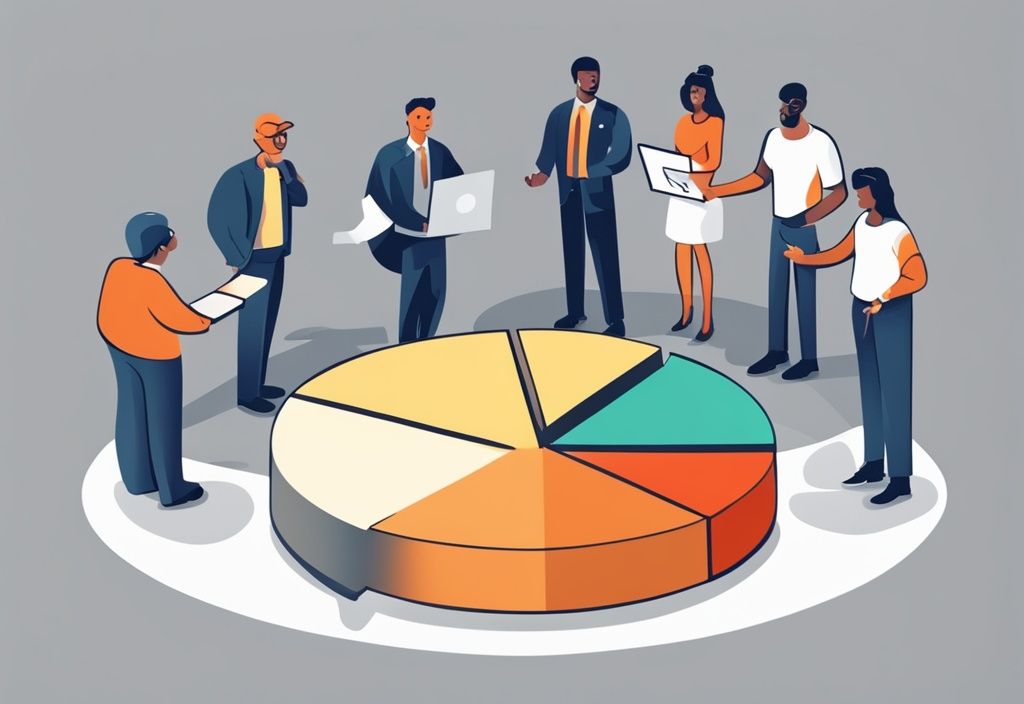 Moderne digitale Illustration von Mitarbeitern, die fröhlich über ein Tortendiagramm zur Verteilung des Gewinnbeteiligungslohns diskutieren, Hauptfarbton grau