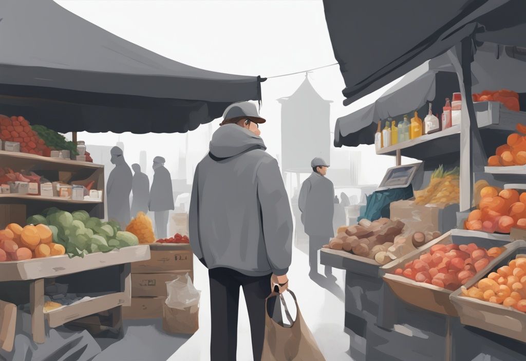 Moderner digitaler Kunstwerk mit einem scheinkaufmann hinter einem Marktstand voller clever getarnter Alltagsgegenstände, Hauptfarbe Grau.