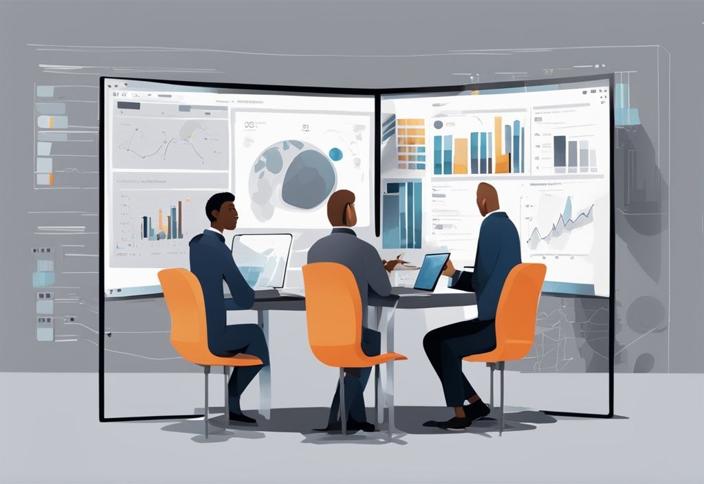 Moderne digitale Illustration eines strategischen Treffens von Fachleuten mit BWL Beschaffung-Diagrammen auf einem großen Bildschirm.