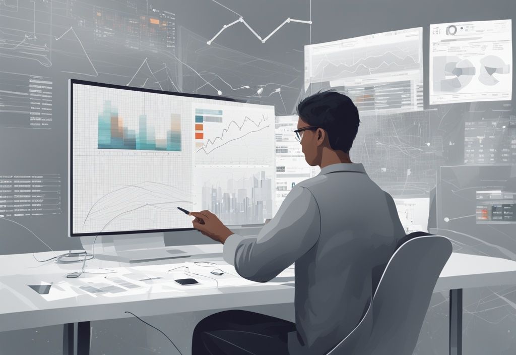 Moderne digitale Illustration einer Person, die an einem großen, transparenten Bildschirm mit verschiedenen Diagrammen, Grafiken und Zahlen arbeitet, symbolisiert den Prozess der Bedarfsrechnung.