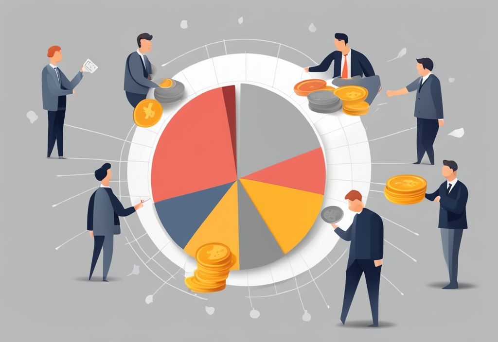 Moderne digitale Illustration in Grautönen, die ein Tortendiagramm zeigt, das verschiedene Geschäftskosten darstellt, mit Händen, die Münzen in jede Sektion verteilen, symbolisierend die kostenzurechnungsprinzipien.