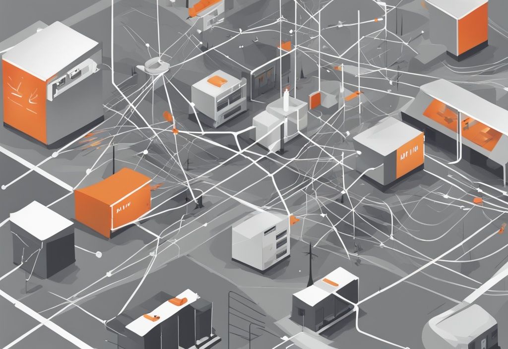 Moderne digitale Illustration in Grautönen mit einem Netzwerk von verbundenen Pfeilen, das verschiedene Distributionskanäle vom Werk zu Einzelhandelsgeschäften symbolisiert.