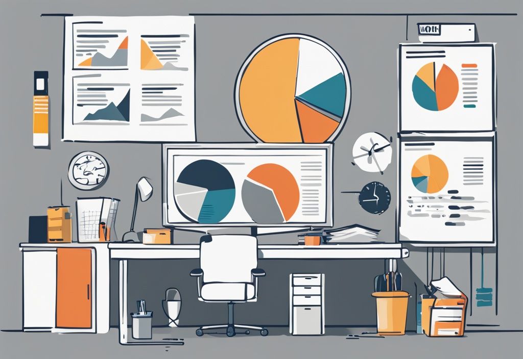 Moderne digitale Illustration eines Kreisdiagramms, das sekundäre Gemeinkosten wie Versorgungsleistungen, Wartung und Büromaterialien in einem modernen Büro aufschlüsselt, mit grauem Farbthema.