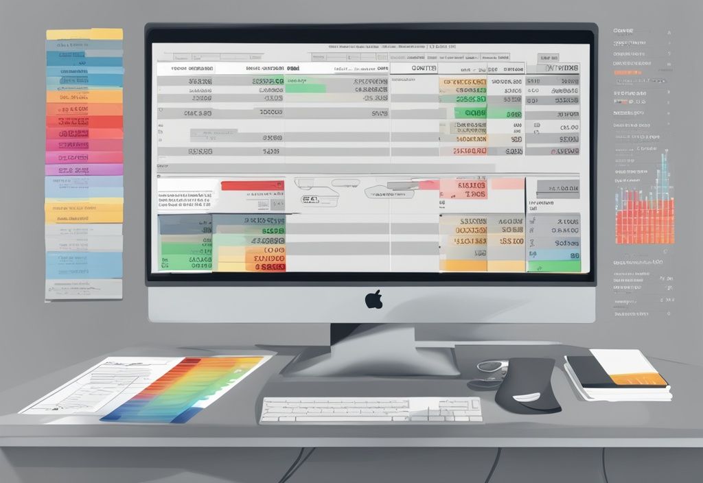 Moderne digitale Malerei mit grauem Farbschema, detaillierte Cashflow-Rechnung mit farblich gekennzeichneten Abschnitten für Einkommen, Ausgaben und Nettocashflow.