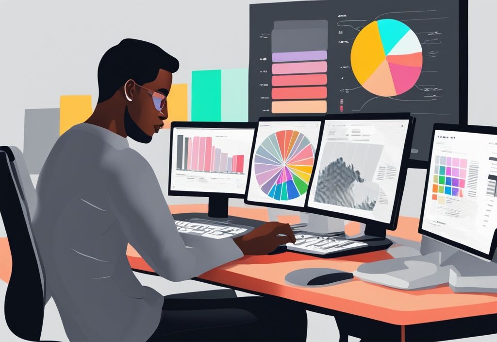 Moderne digitale Illustration in Grau: Person am Schreibtisch analysiert ein Tortendiagramm auf einem Computerbildschirm mit farbcodierten Marktanteilen.