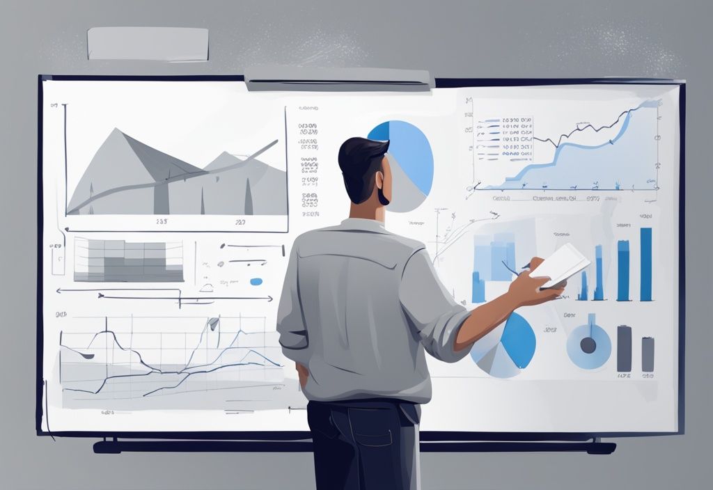 Moderner digitaler Gemälde-Illustration eines Finanzexperten, der die Liquiditätsplanung Definition an einem Whiteboard mit Diagrammen und Grafiken erklärt, Hauptfarbthema grau.