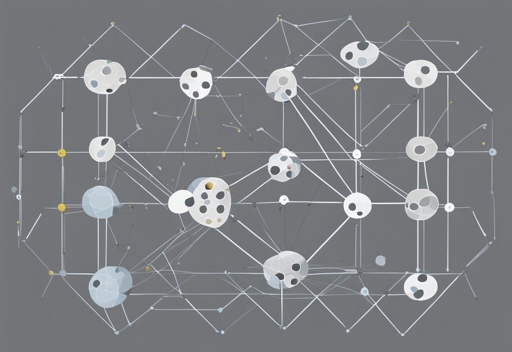 Moderne digitale Malerei mit grauem Farbschema, 3D-Gitterstruktur, miteinander verbundene Knoten, verschiedene Jobrollen, Matrix-Projektorganisation