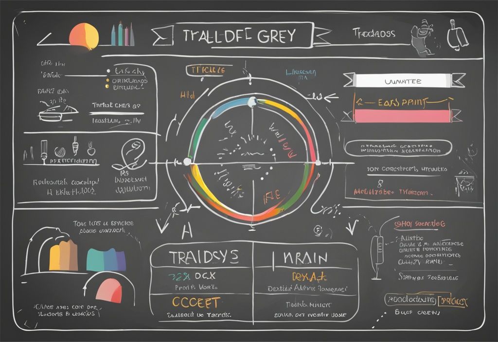 Moderne digitale Malerei mit grauem Farbschema, Tafel mit der Aufschrift "Terms of Trade", bunte Diagramme und leicht verständliche Stichpunkte zur Erklärung des Konzepts.