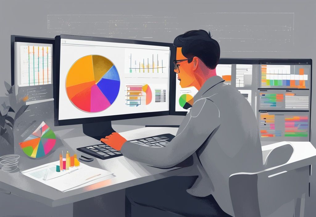 Moderne digitale Illustration mit grauem Farbschema: Person analysiert ein Tortendiagramm auf einem Computerbildschirm, verschiedene farbcodierte Abschnitte repräsentieren Marktanteile.