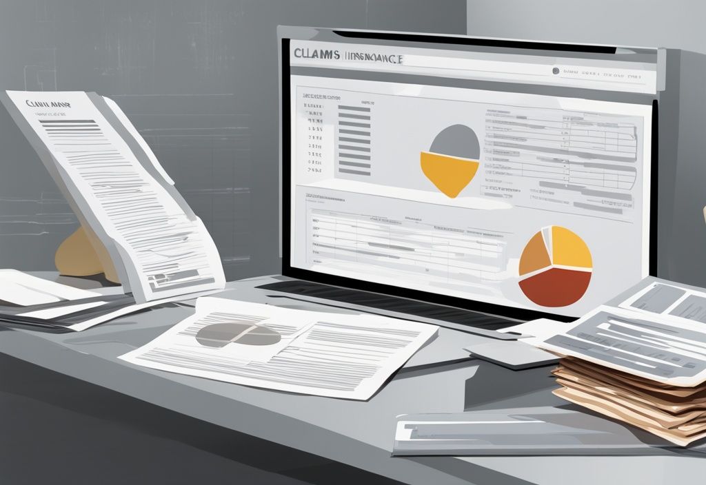 Moderne digitale Malerei mit grauem Farbschema: Stapel von Versicherungsanspruchsformularen auf einem Schreibtisch, mit einem Tablet, das ein Balkendiagramm des Forderungsbestands anzeigt.