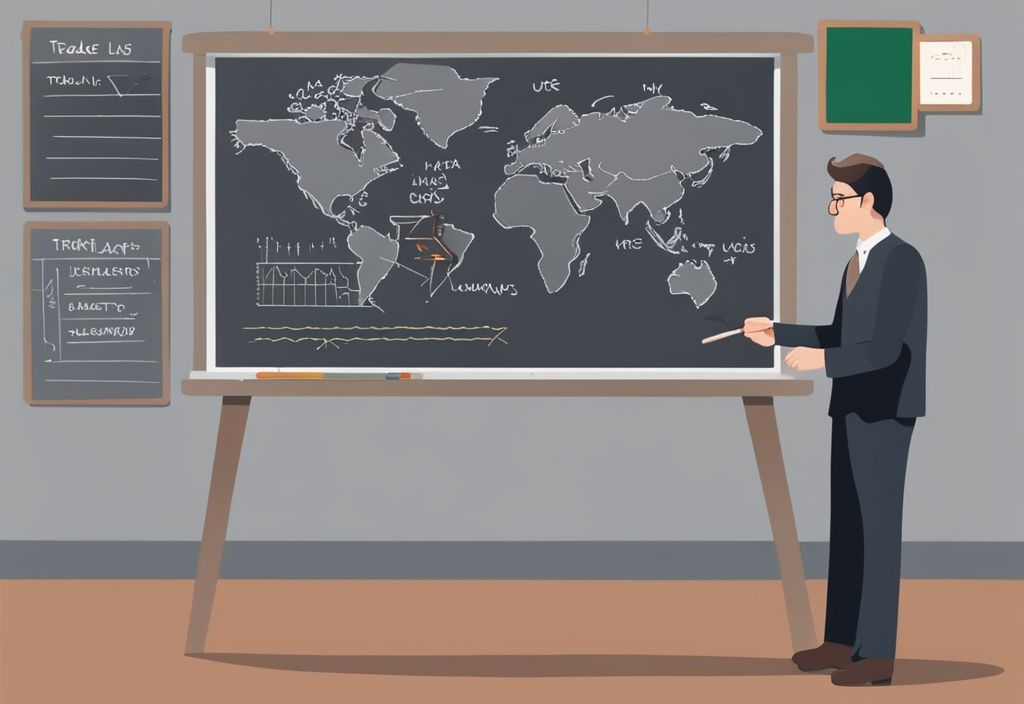 Lehrer erklärt terms of trade einfach erklärt mit Diagrammen auf einer Tafel in grauer moderner digitaler Illustration