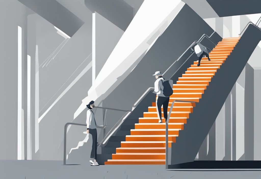 Eine moderne digitale Illustration in Grautönen zeigt eine Person, die eine Treppe hinaufsteigt, wobei jede Stufe unterschiedliche Ebenen von Fixkosten darstellt, die beim Aufstieg zunehmen.