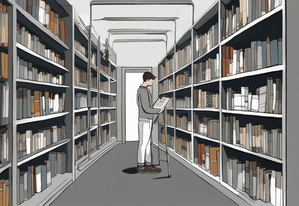 Moderne digitale Malerei einer grauen Bibliothek mit Bücherregalen, Leiter und Person mit Klemmbrett bei der Buchinventur.