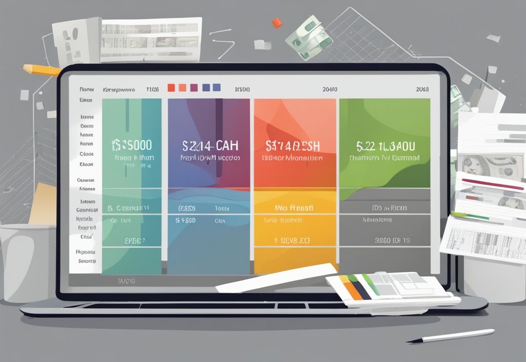 Moderne digitale Malerei mit grauem Farbschema, detaillierte Cashflow-Analyse mit farbcodierten Abschnitten für Einkommen, Ausgaben und Nettocashflow.