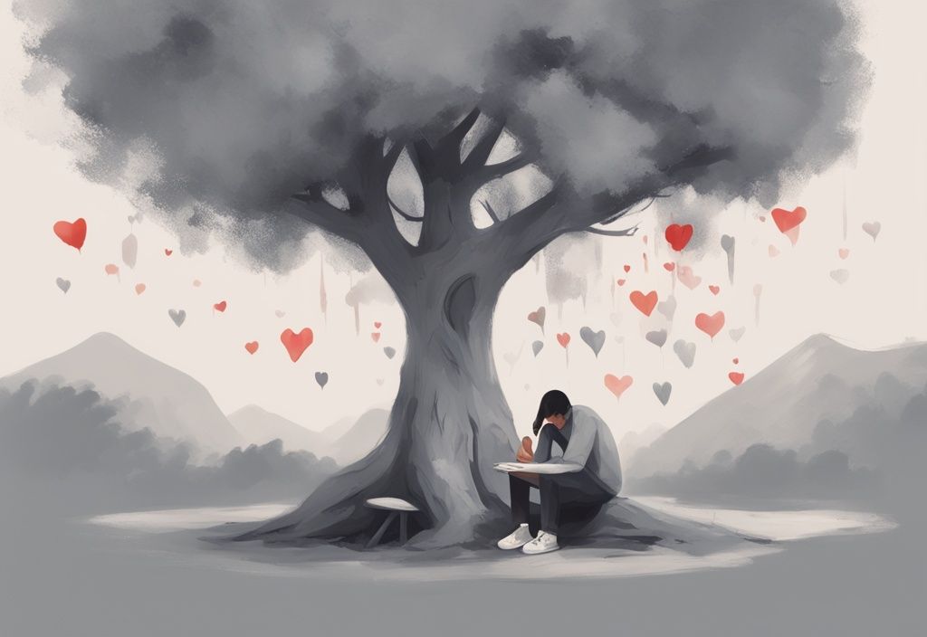 Moderne digitale Illustration einer Person, die alleine unter einem Baum sitzt und über grundlegende Elemente wie Essen, Wasser, Unterkunft und Liebe nachdenkt, in grauer Farbgebung.