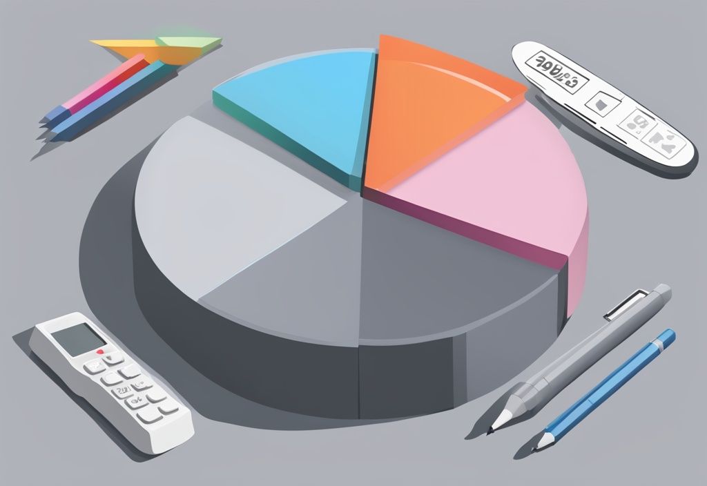 Moderne digitale Illustration in Grautönen, die ein Kreisdiagramm zur Darstellung unterschiedlicher Marktanteile zeigt, mit einem Taschenrechner und Stift daneben, um den Marktanteil zu berechnen.