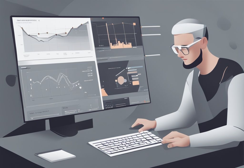 Person analysiert Lieferantenbewertung auf einem Computerbildschirm, moderne digitale Malerei in Grautönen