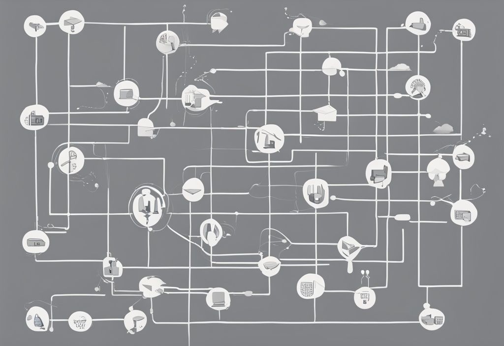 Moderne digitale Illustration mit grauem Farbschema, Netzwerk von Pfeilen, die verschiedene Wege symbolisieren, mit Boxen an den Enden, die verschiedene Vertriebskanäle darstellen.