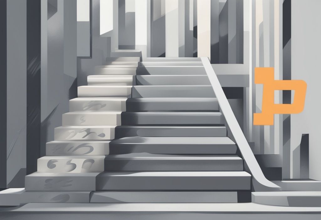 Moderne digitale Illustration einer Treppe, die verschiedene Stufen der sprungfixen Kosten darstellt, mit aufsteigenden Dollarbeträgen auf jeder Stufe, Hauptfarbthema grau.