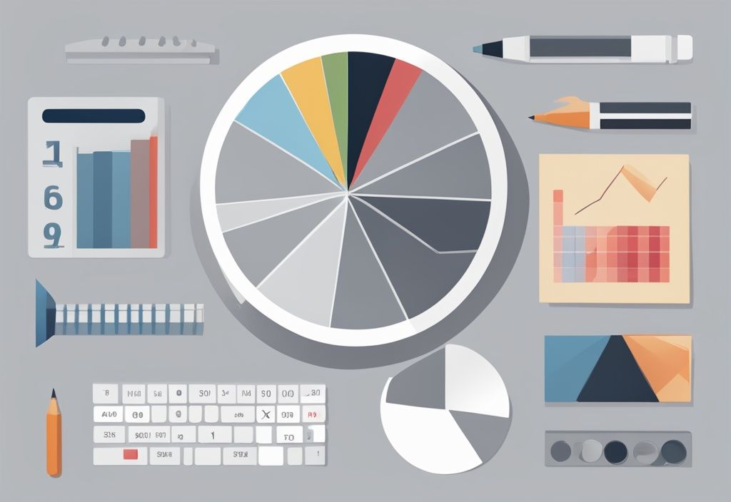 Moderne digitale Illustration in Grau mit einem Tortendiagramm zur Darstellung verschiedener Marktanteile, einem Taschenrechner und einem Stift, die das Marktanteil berechnen symbolisieren.