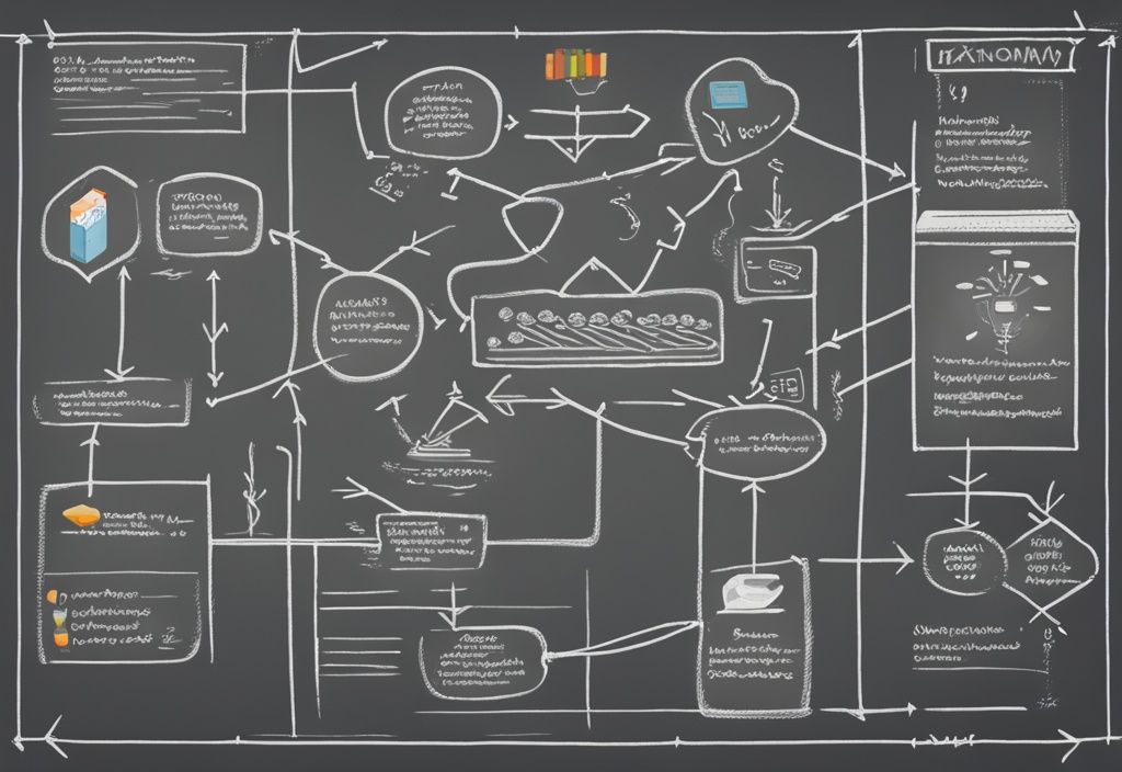 Moderne digitale Malerei mit grauem Farbschema, Tafel zeigt detailliertes Flussdiagramm des Bruttowertschöpfungsprozesses in der Wirtschaft, Pfeile verbinden Sektoren wie Herstellung, Dienstleistungen und Besteuerung.