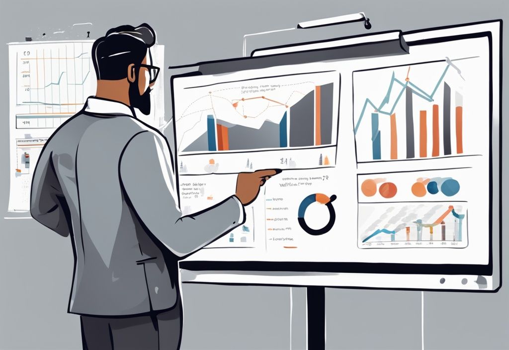 Finanzexperte erklärt Liquiditätsplanung Definition auf Whiteboard mit Diagrammen und Charts, moderne digitale Illustration in Grautönen