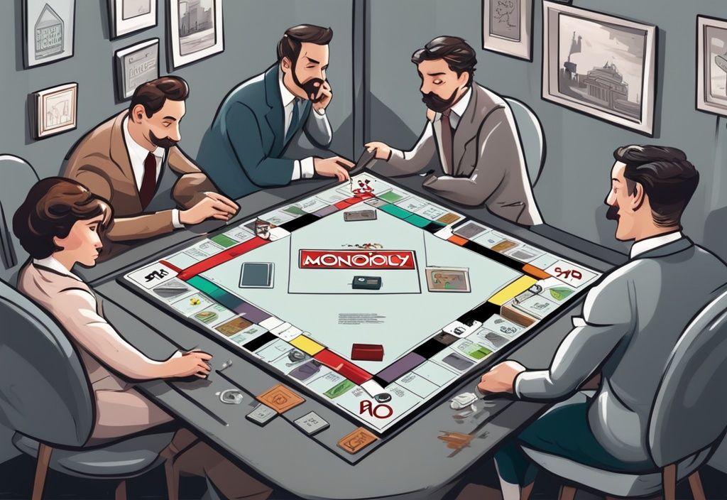 Moderne digitale Illustration eines Monopoly-Spiels in Grautönen, zwei Spieler kontrollieren alle Grundstücke, Zwei-Seiten-Monopol-Szenario.