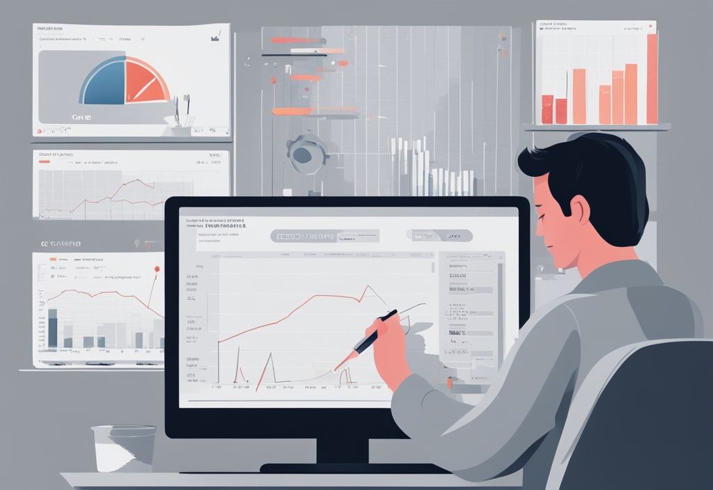 Digitale Illustration einer Person, die auf einem Computerbildschirm verschiedene Lieferantenbewertung-Metriken analysiert, mit modernem grauem Farbschema.