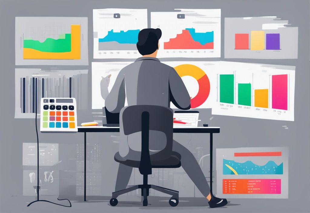 Moderne digitale Malerei mit grauem Farbthema, Person vor großem Bildschirm mit bunten Balkendiagrammen und Kreisdiagrammen, Taschenrechner und Papiere auf Schreibtisch, symbolisiert Marktvolumenberechnung.