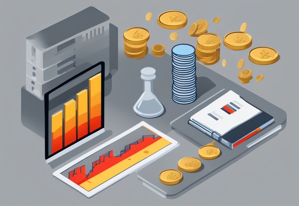 Moderne digitale Malerei mit einem Balkendiagramm, das die schwankenden Herstellkosten des Umsatzes über einen Zeitraum zeigt, mit Münz- und Geldstapeln an der Basis des Diagramms.